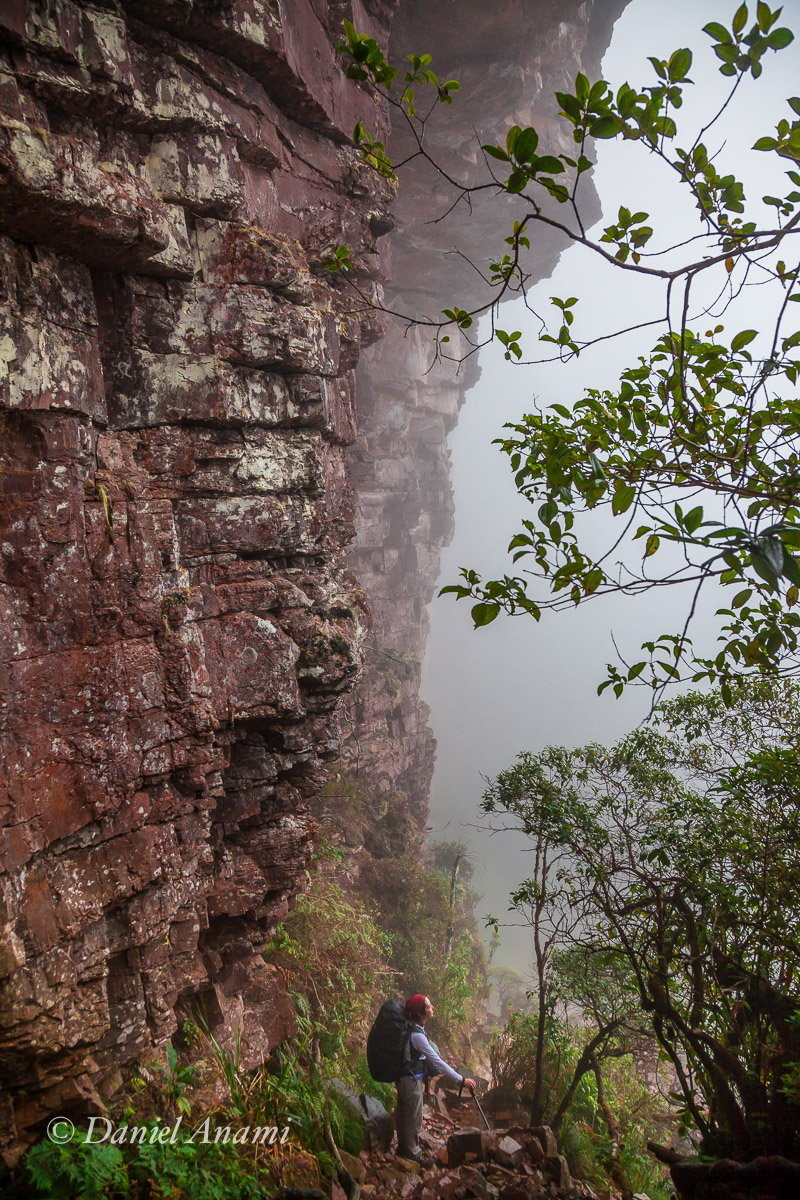 Um pouco antes do passo das lágrimas a chuva dá uma trégua. Vemos de perto pela primeira vez a rocha do Roraima. 15/03/2016. Foto Daniel Anami.